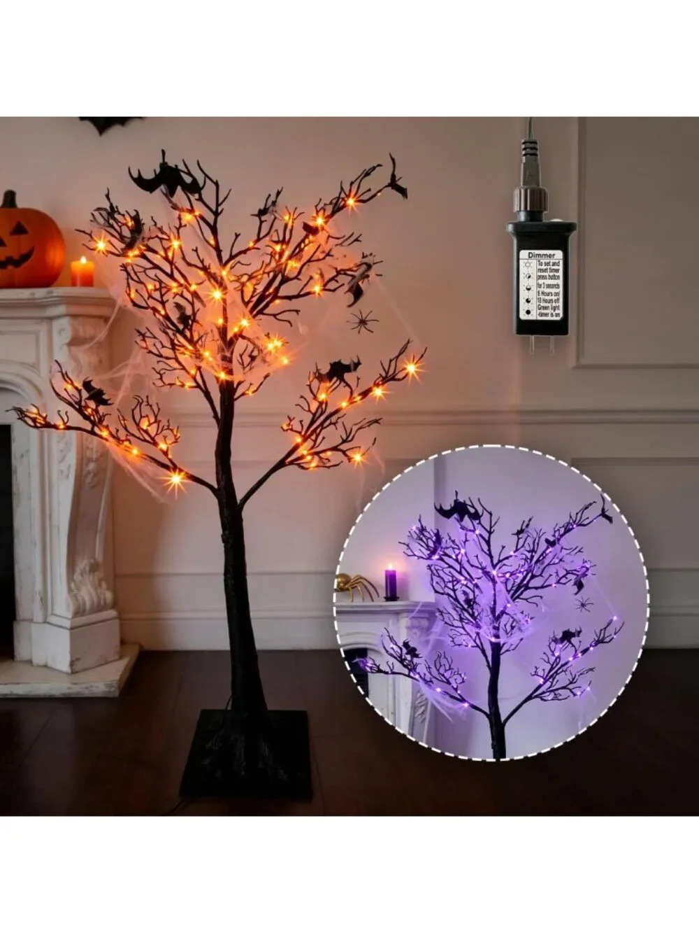 4ft Lighted Black Halloween Tree with 150 LED Orange & Purple Lights - Spooky